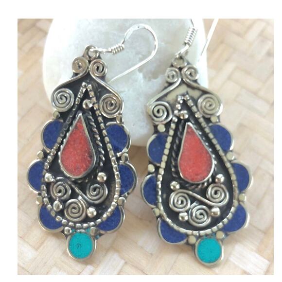 Tibetan Silver Turquoise Lapis Lazuli & Red Coral Dangle Earrings - Picture 2 of 5